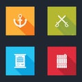 Set Anchor, Crossed pirate swords, Decree, parchment, scroll and Wooden barrel icon. Vector