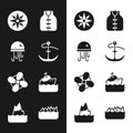 Set Anchor, Jellyfish, Wind rose, Life jacket, Boat propeller, Cruise ship, Sharp stone reefs and Iceberg icon. Vector