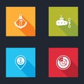 Set Anchor, Submarine, Location with anchor and Radar targets icon. Vector