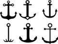 Set of anchors, rudder icons and ropes. Vector illustration.