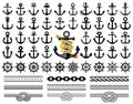 Set of anchors, rudders icons, and ropes. Vector illustration.