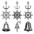 Set of anchors, ship bells, ship wheel. Design elements for logo, label, sign. ,,