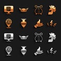 Set Ancient amphorae, Greek helmet, Zeus, Hand holding fire, Minotaur labyrinth, lyre, column and Helmet with wings icon