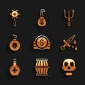 Set Ancient coin, Gun powder barrel, Skull, Sword with blood, Bottle potion, Bomb ready to explode, Neptune Trident and