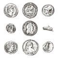 Set ancient coins or money. roman and greek cash reward. engraved hand drawn in old sketch, vintage style. Royalty Free Stock Photo