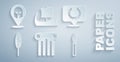 Set Ancient column, Laurel wreath, Feather pen, Medieval spear, Greek trireme and helmet icon. Vector Royalty Free Stock Photo