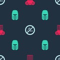 Set Ancient column, No Smoking and Medieval iron helmet on seamless pattern. Vector