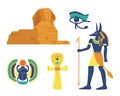 Set of Ancient Egypt Civilization Religious Symbols and Landmarks. Sphinx, Scarab and Eye of Providence, Egyptian Anubis Royalty Free Stock Photo