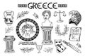 Set of ancient elements of Ancient Greece and Rome, hand-drawn in sketch style. Gorgon Medusa. Head of Perseus, vase Royalty Free Stock Photo