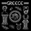 Set of ancient elements of Ancient Greece and Rome, hand-drawn in sketch style. Gorgon Medusa. Head of Perseus, vase Royalty Free Stock Photo