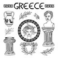 Set of ancient elements of Ancient Greece and Rome, hand-drawn in sketch style. Medusa Gorgon. Head of Perseus, vase