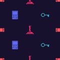 Set Ancient key for game, Retro arcade machine, Joystick and Portable video console on seamless pattern. Vector Royalty Free Stock Photo
