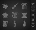 Set Ancient lyre, Bottle of olive oil, Minotaur, Olives bowl, column and branch icon. Vector