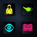 Set Ancient magic book, Mantle, cloak, cape, Hypnosis and Magic lamp or Aladdin. Black square button. Vector