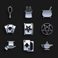 Set Ancient magic book, Playing cards, Magic lamp or Aladdin, Pentagram circle, Magician hat hand, Witch cauldron and