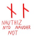 Set of ancient runes. Versions of Nauthiz rune with German, English and Old Scandinavian titles