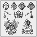 Set of ancient warrior emblems, labels and design elements. Gladiator and spartan weapon and armour.