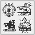 Set of ancient warrior emblems, labels and design elements. Gladiator and spartan weapon and armour.