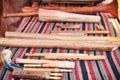 Set of ancient wind musical instruments, lifestyle. Old flutes, horns and wooden pipes on the table Royalty Free Stock Photo