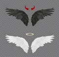 Set of angel and devil realistic wings, horns and halo isolated Royalty Free Stock Photo