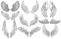 Set of angel wings. Wings collection with feathers. Black white vector illustration. Tattoo.