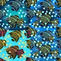 Set of angelfish seamless pattern on a blue background. vector Royalty Free Stock Photo
