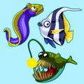 Set of anglerfish, eel, striped tropical fish Royalty Free Stock Photo