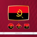 Set of Angola flags with gold frame for use at sporting events on a burgundy abstract background