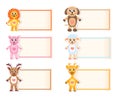 Set animal blank template for text. Lion, giraffe, sheep, pig, deer, dog. Baby invitation. Vector illustration.