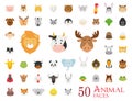 Set of 50 Animal Faces in cartoon style