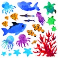 Set animal fish underwater watercolor painting illustration design hand drawing