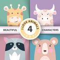 Set animal illustration giraffe, cow, raccoon, bear