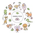 Set of animal yoga poses or asanas with tropical floral elements. Vector colored cartoon illustration in doodle style. Royalty Free Stock Photo