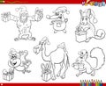 Set of animals with Christmas gifts coloring book page Royalty Free Stock Photo