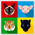 Set of animals with Flat Design. Symmetrical portraits of animals. Vector Illustration. siamese, cat, panther, tiger, pig.