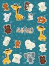 Set of Animals giraffe, elephant, rabbit, bear, grizzly, polar bear, cats, dogs, elephant stickers with white border