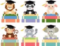 Set of animals with graduation cap sitting on top of books Royalty Free Stock Photo