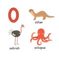 Set animals with the letter o. Otter, ostrich, octopus. Vector illustration Royalty Free Stock Photo