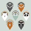 Set of animals in native American feather hats Royalty Free Stock Photo