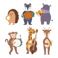 Set Of Animals Play Music. Cute Hedgehog, Fox, Hippopotamus, Monkey, Giraffe And Deer Playing On Tambourine, Accordion Royalty Free Stock Photo