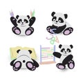 Set of animals on the theme of education. Panda at school learns to read, write, count