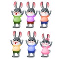 A set of animated happy little bunnies in clothes isolated on white background. Vector cartoon close-up illustration.