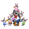 A set of animated happy little bunnies in clothes playing with wolf isolated on white background. Vector cartoon close