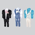 Set of animated mens clothing. Groom suit for wedding celebration isolated on a gray background. Vector illustration.