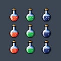 Set of animated potion bottles phial vial, pixel art vector isolated