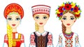 Set of animation portraits of Slavic girls in traditional suits. Russia, Belarus, Ukraine.