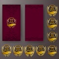 Set of anniversary card, invitation with laurel wreath, number. Decorative gold emblem of jubilee on maroon background