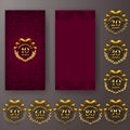 Set of anniversary card, invitation with laurel wreath, number. Decorative gold emblem of jubilee on maroon background