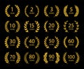 Set of anniversary laurel wreaths. Golden anniversary symbols on black background. 1,2,3,5,10,15,20,25, 30,40,50,60,70,80,90,100