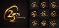 Set of anniversary logotype design with golden ring and handwriting golden color for celebration event, wedding, greeting card,